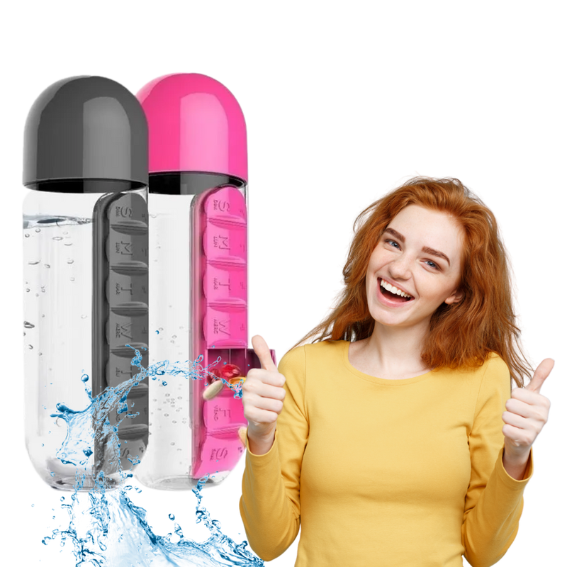 Bouteille d'eau en plastique avec pilulier