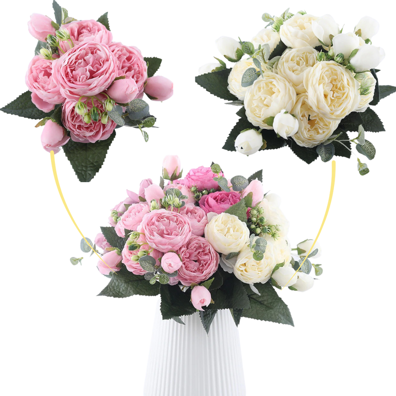 Bouquet de fleurs artificielles en soie, pivoines et roses