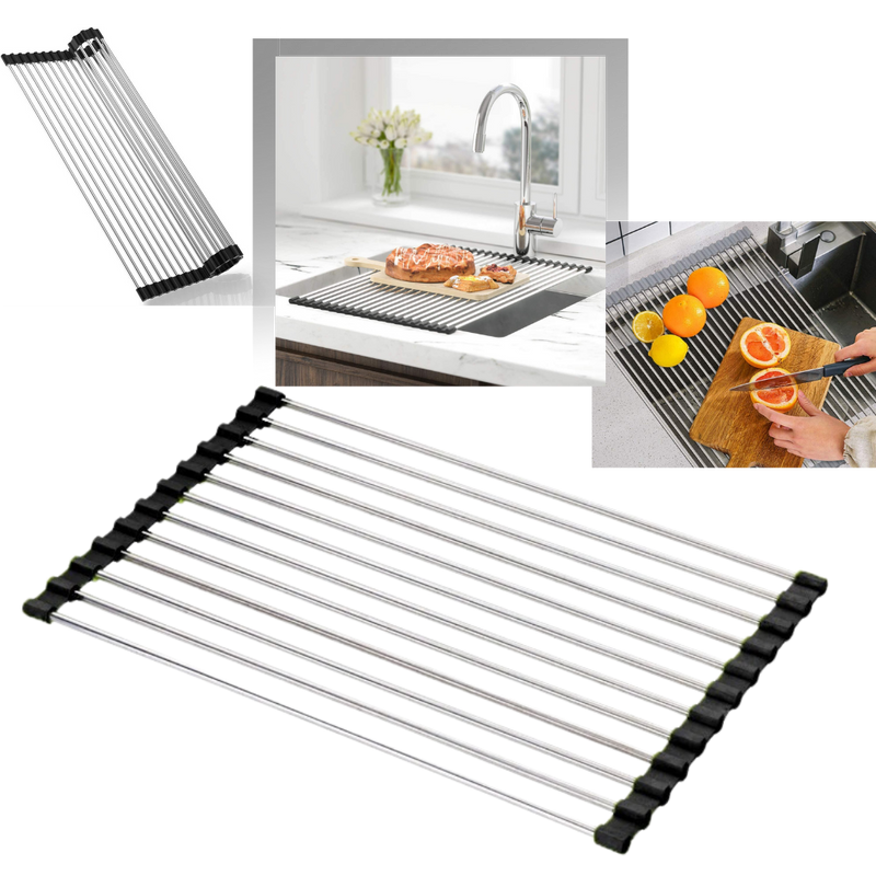 Egouttoir enroulable en acier inoxydable pour vaisselle et aliments